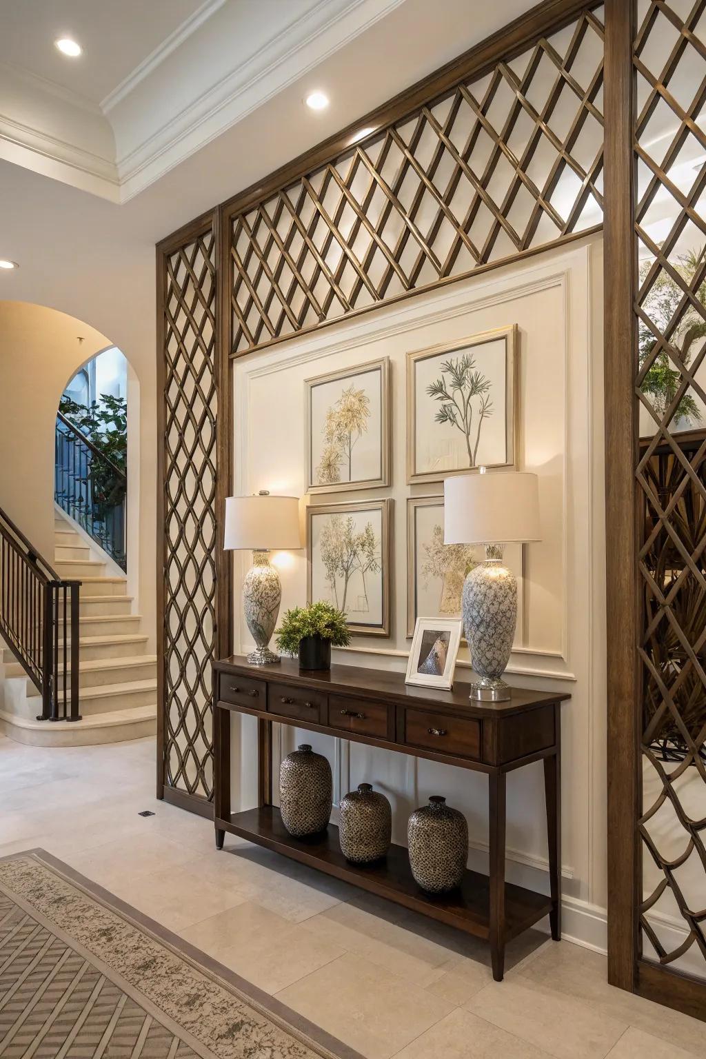 Lattice wall presenting a chic and welcoming foyer ambiance.