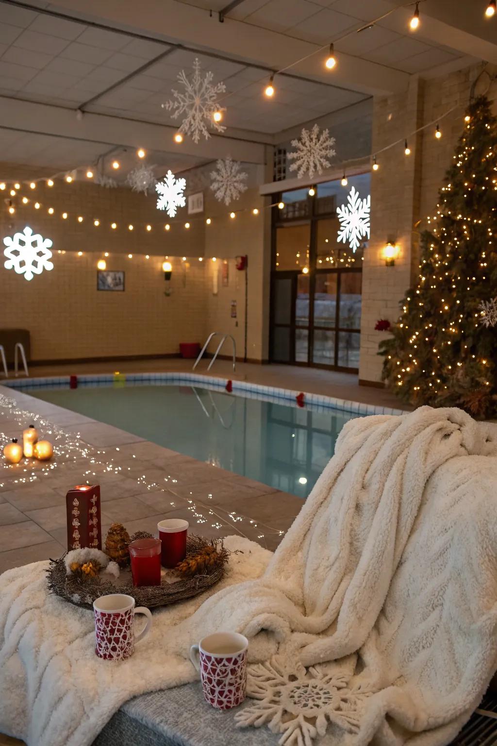 Convert your indoor pool area into a relaxing winter holiday alongside stylish holiday designs.