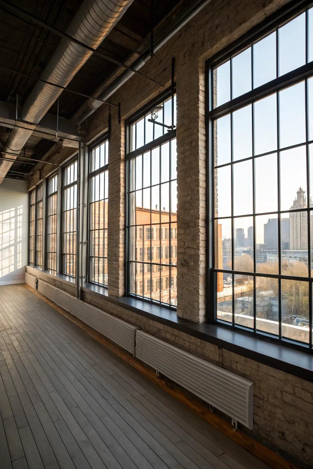 Large windows enhance the airy feel of this industrial space.