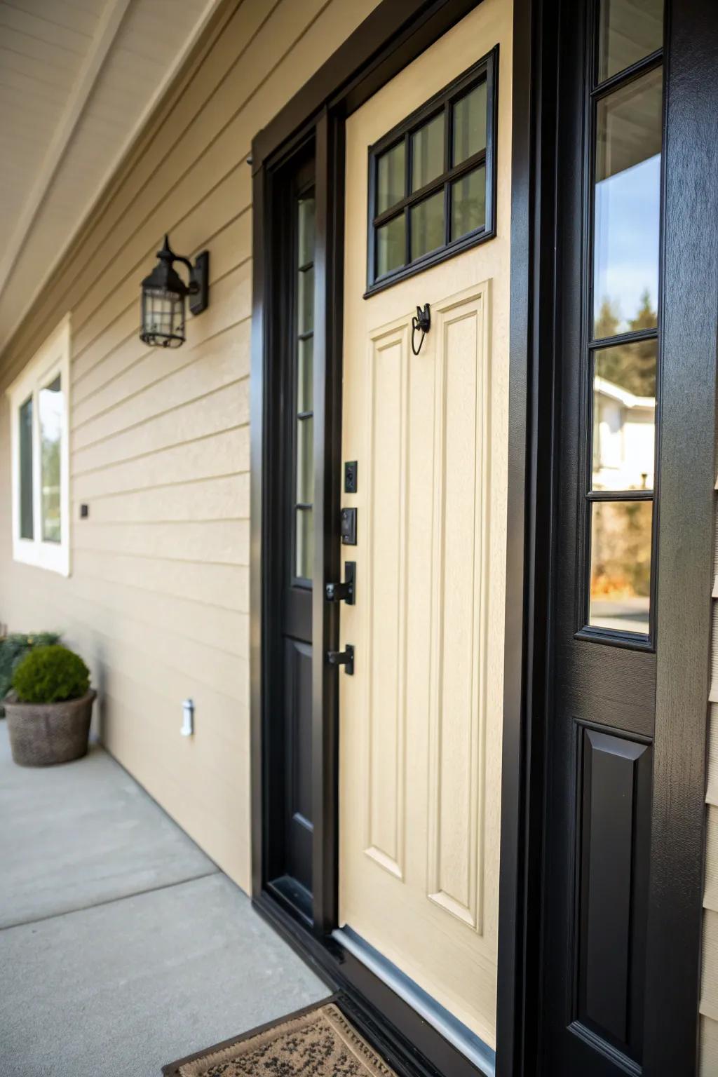 Dark trim crafts an eye-catching contrast for this inset front door.