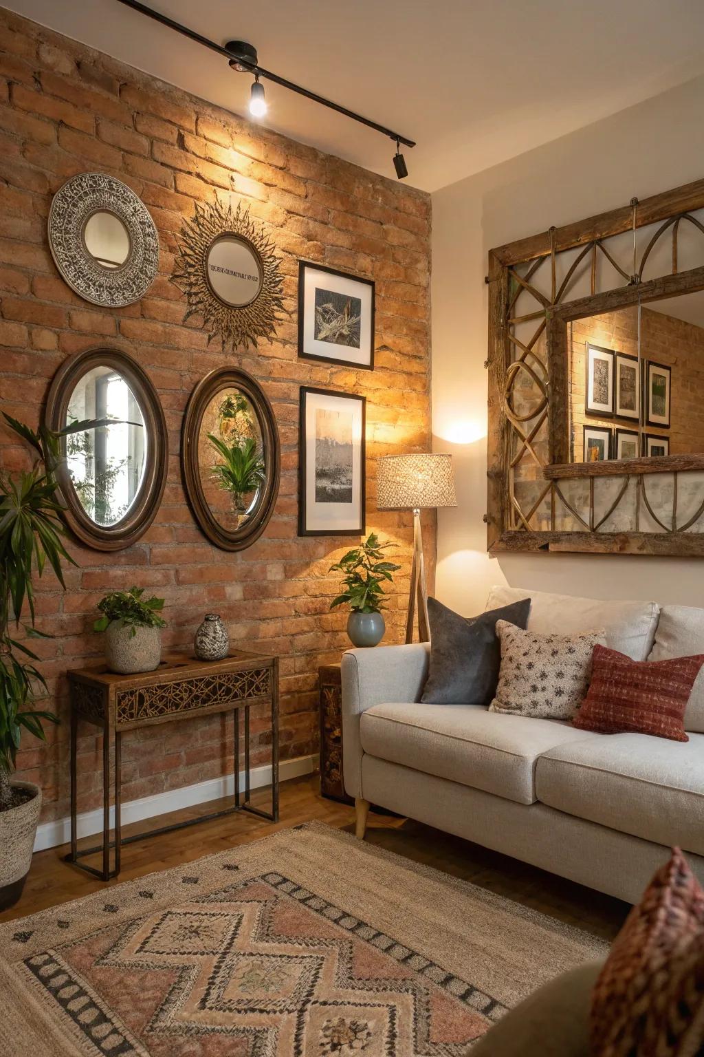 A brick wall embellished with artistic decorative elements, creating a distinctive and fashionable point of focus.