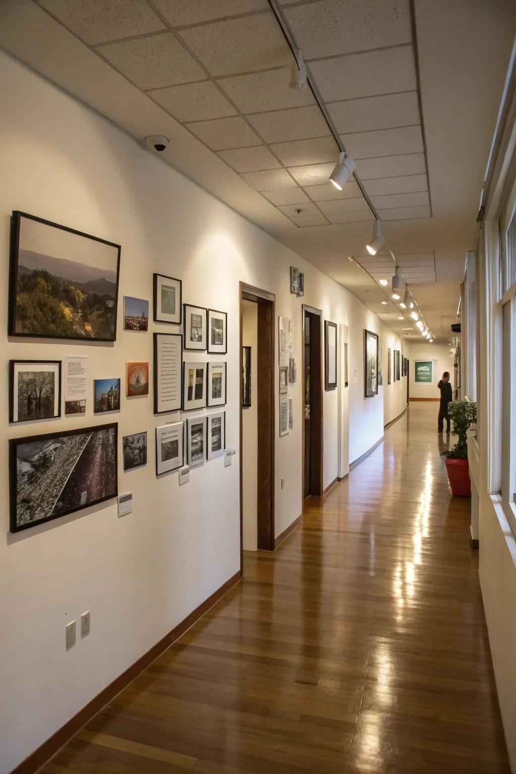 An exhibition wall transforms a hallway into a personal art presentation.