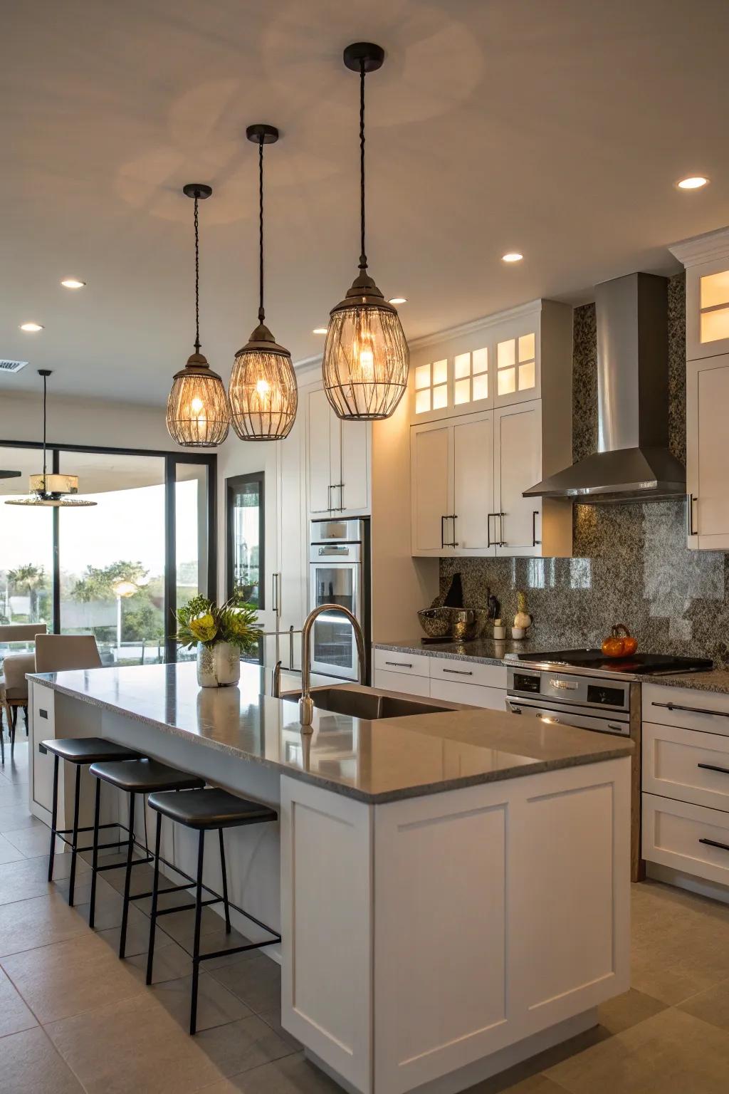 Hanging lights contributing style and usefulness to a cooking area island.
