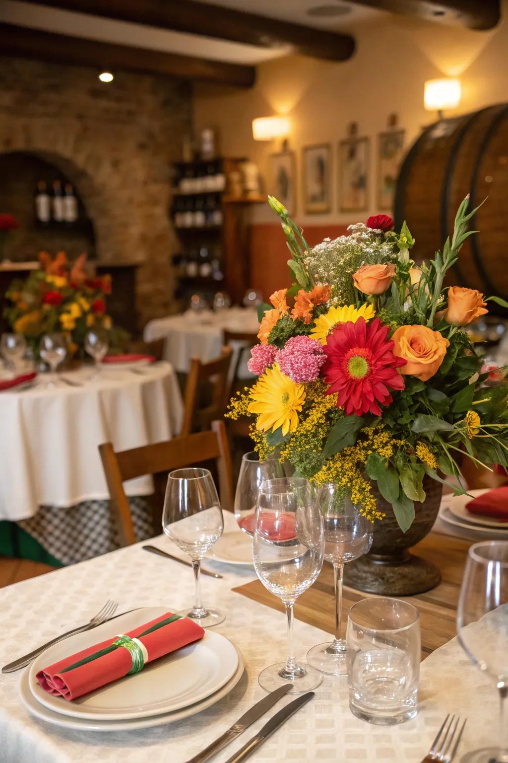 Vibrant flowers serve as the centerpiece.