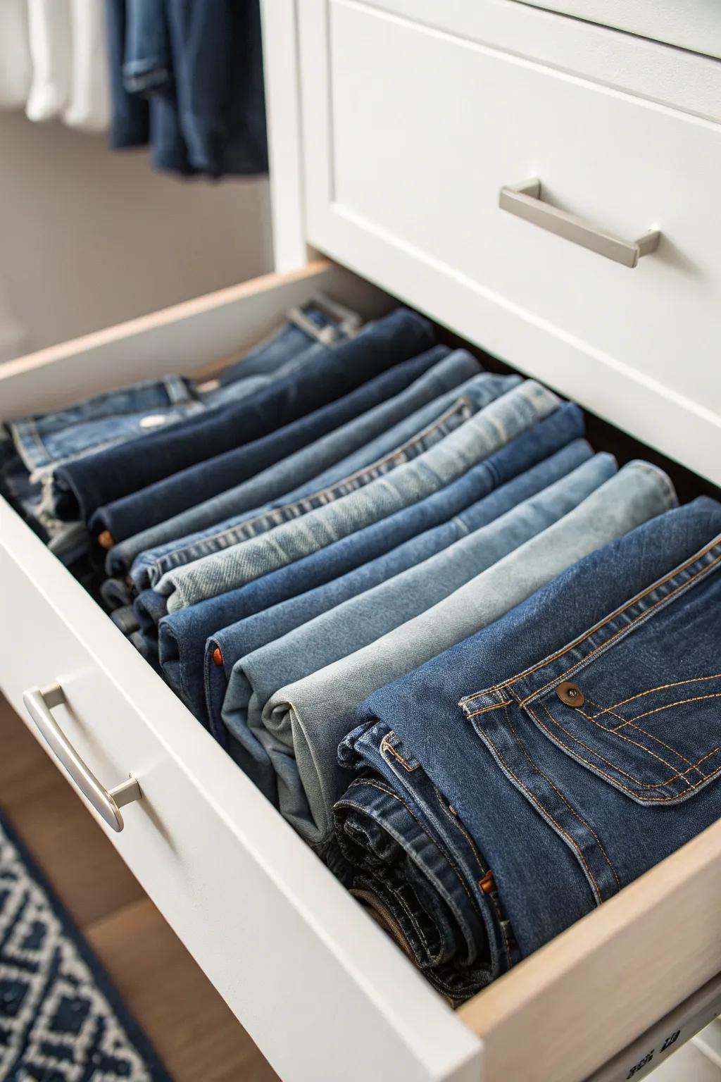 File your jeans vertically in drawers for easy access.
