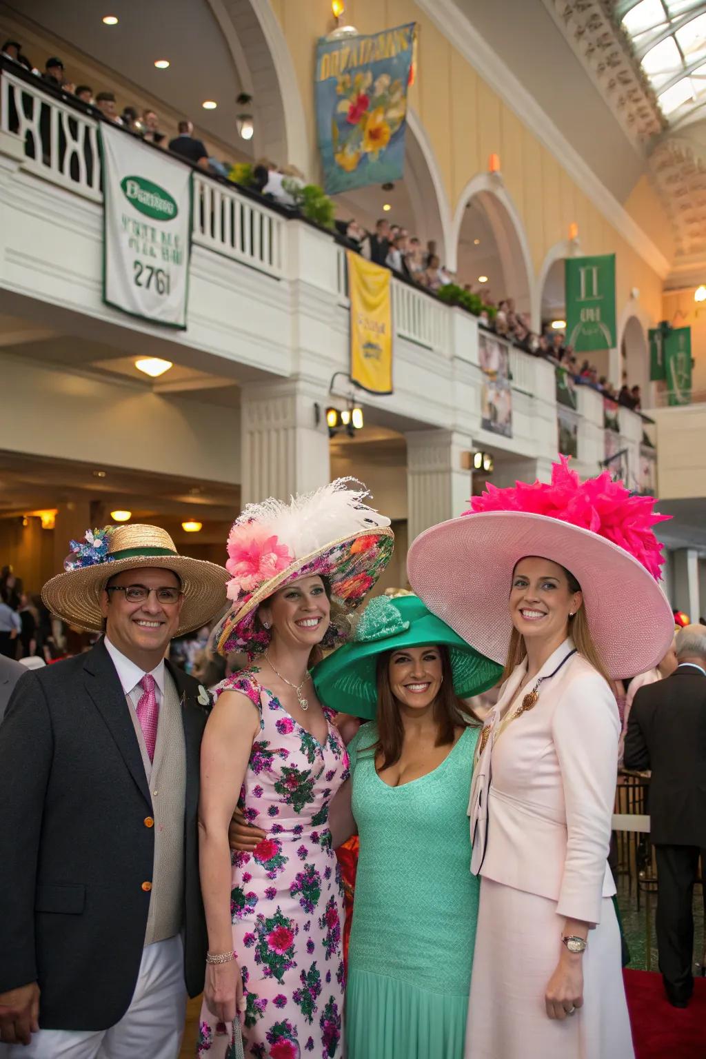 Guests displaying their inventive hats at a themed Grand National celebration.