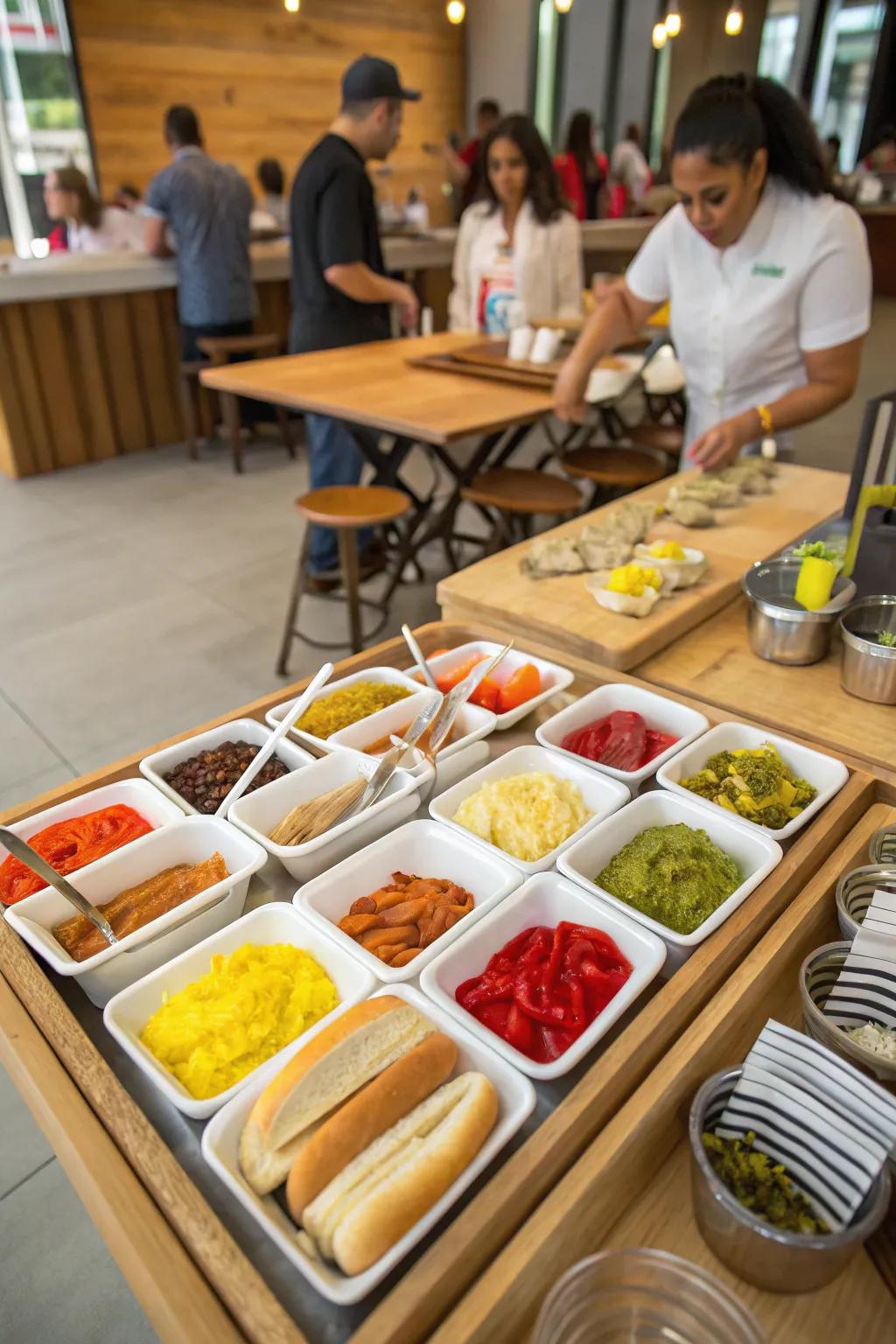 Allow guests to personalize their meal at a hot dog bar.