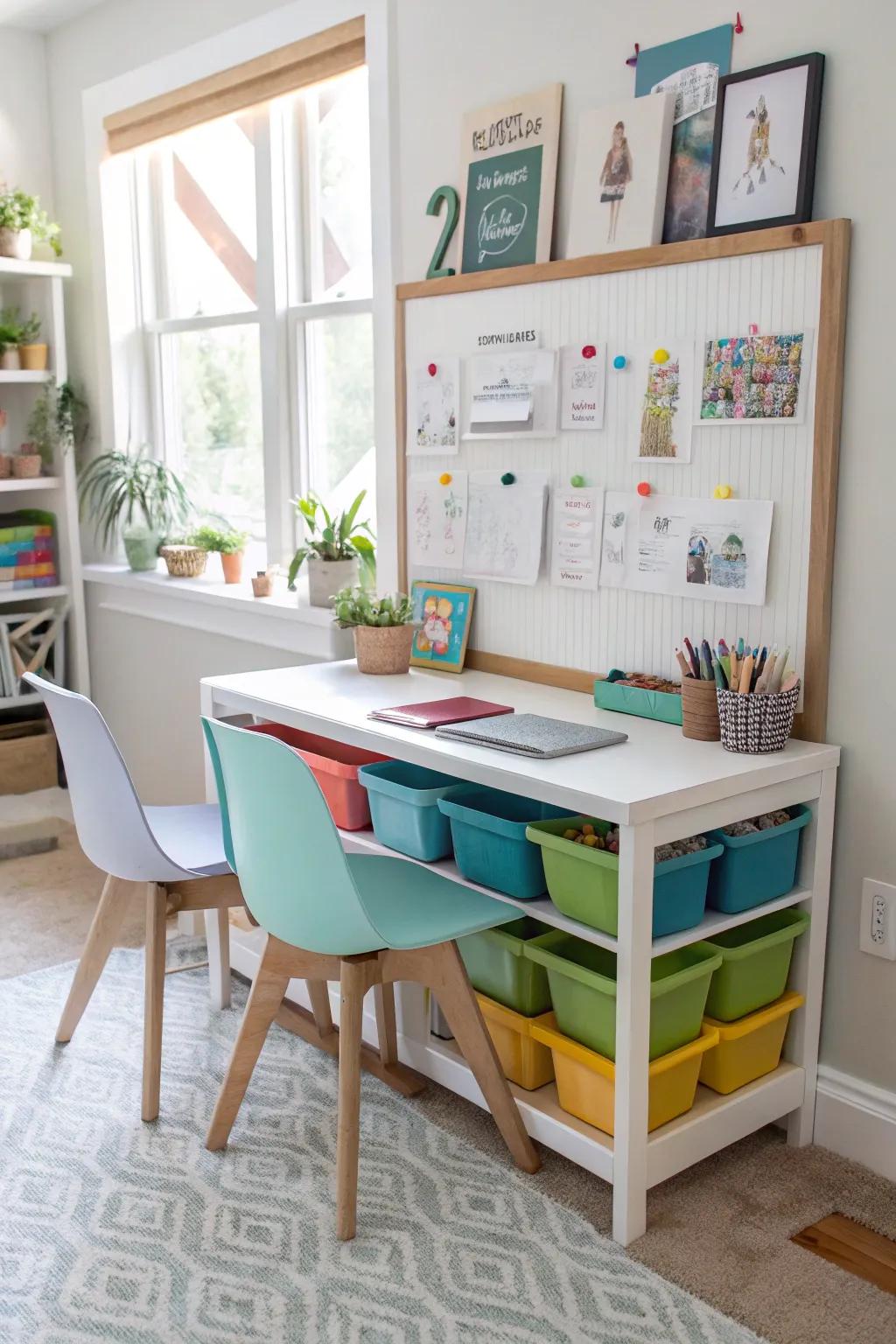 Shared desks promote collaboration and bonding between siblings.