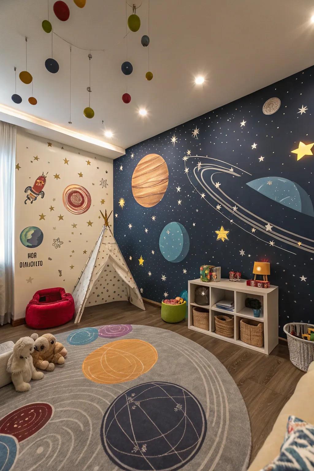 A playroom that conveys individuals on a celestial voyage through its cosmic-themed wall decor.