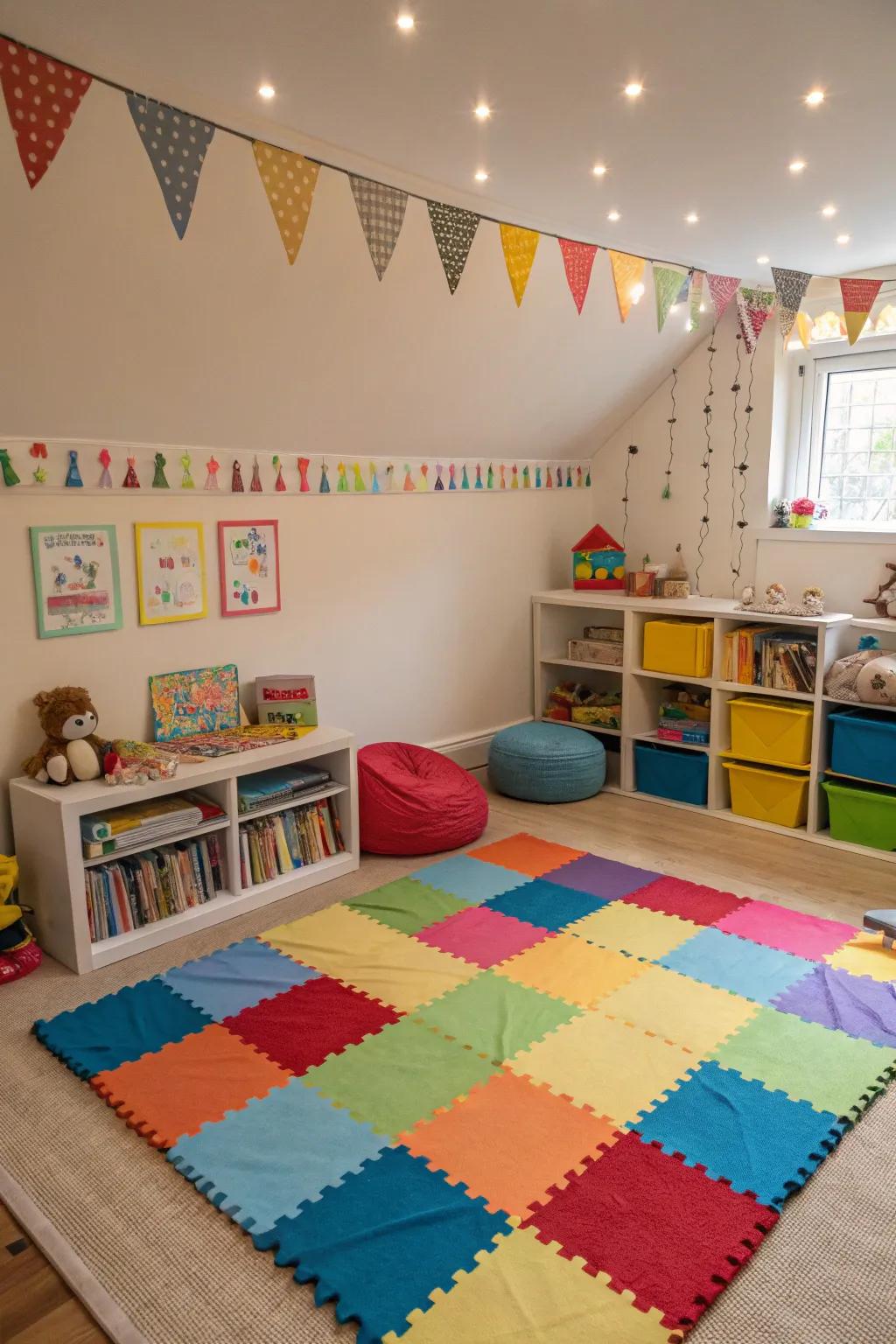 Colorful play zones become the hub of activity.