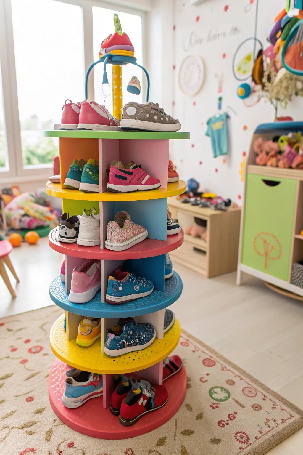 Turn shoe storage into fun with a spinning tower.