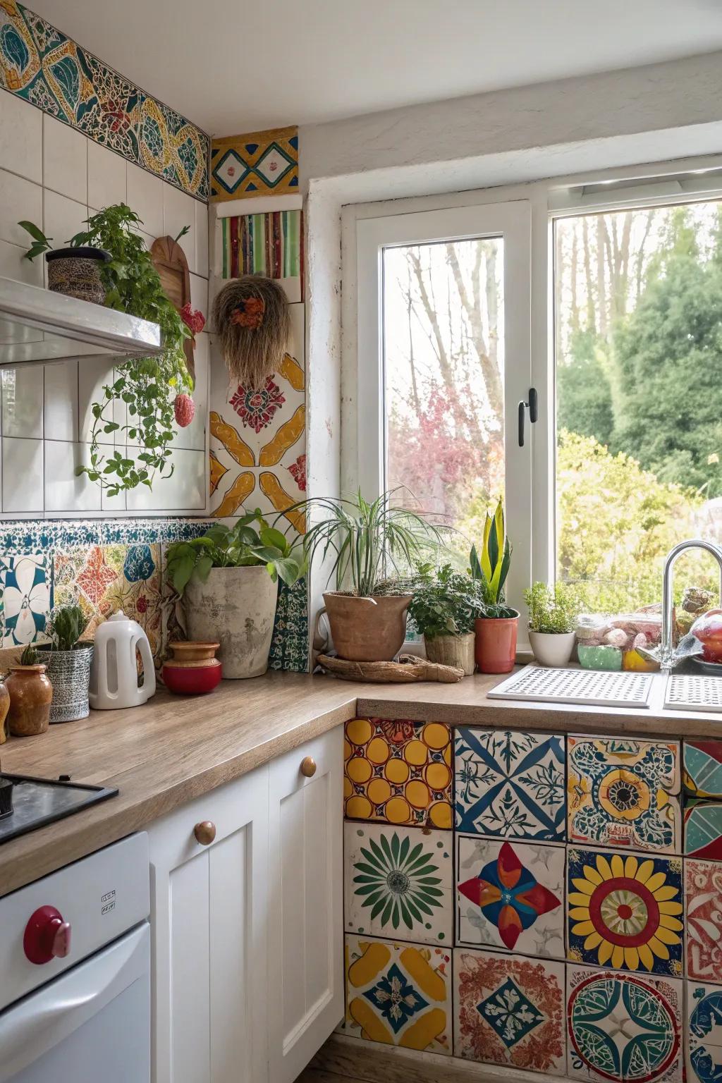 A colorful tile and window mosaic that adds a burst of personality to the kitchen.