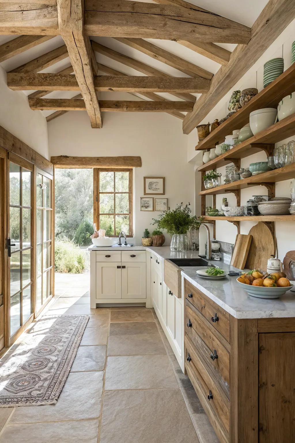 Open shelves paired with beams keep the kitchen feeling airy.