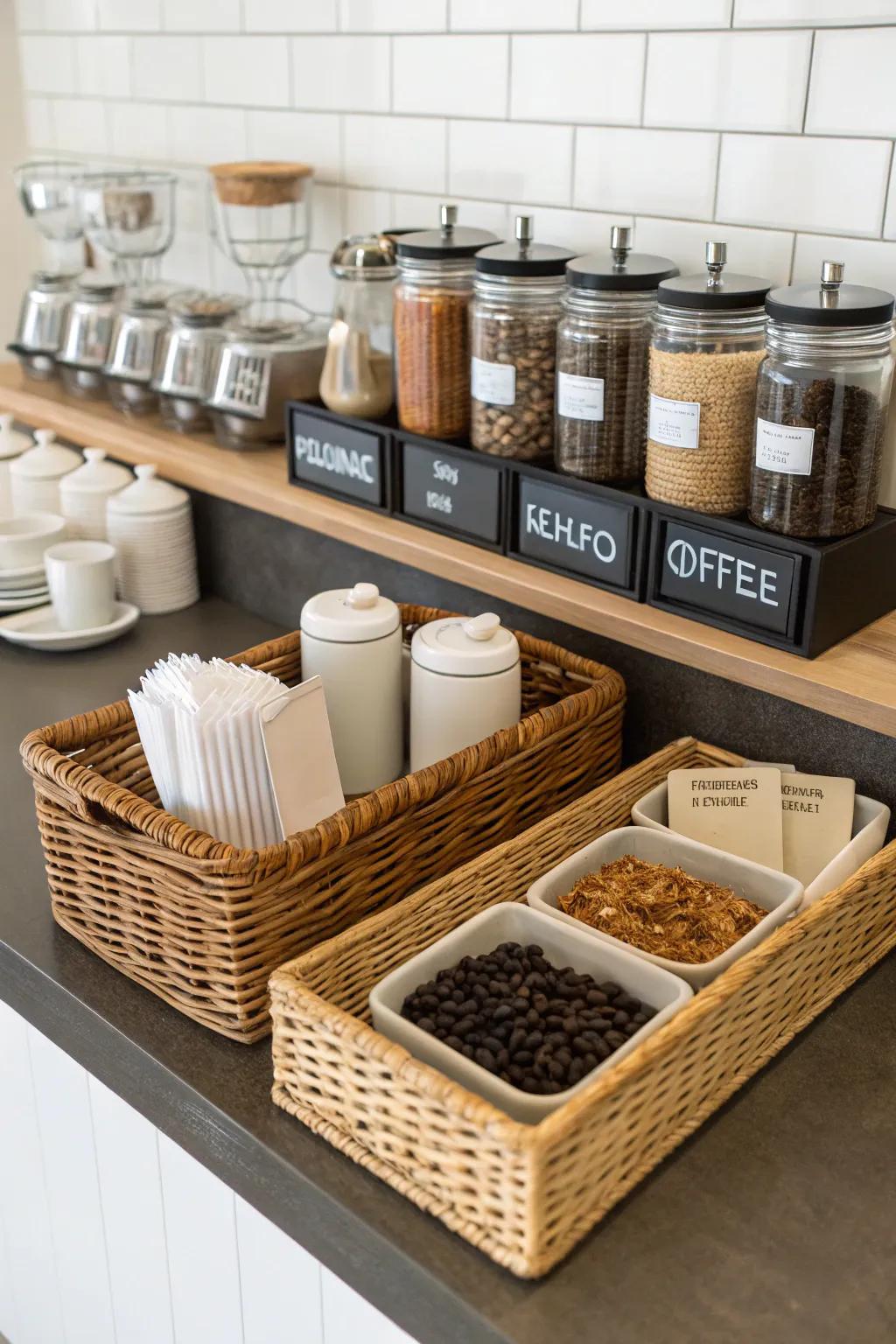 Organizing techniques ensure your coffee bar remains sleek and modish.