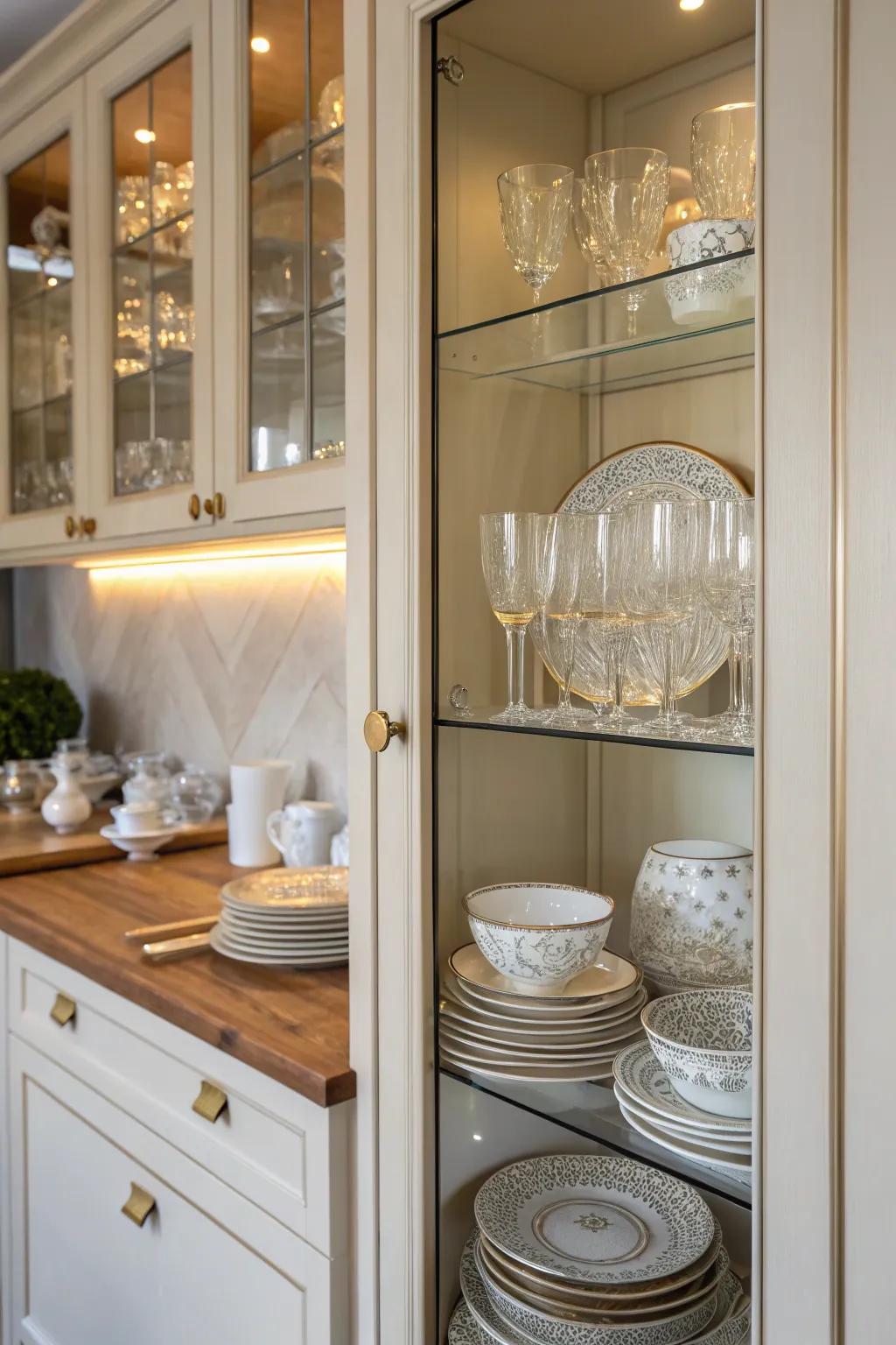 Glass displays mix style with practicality in those tricky corner spots.