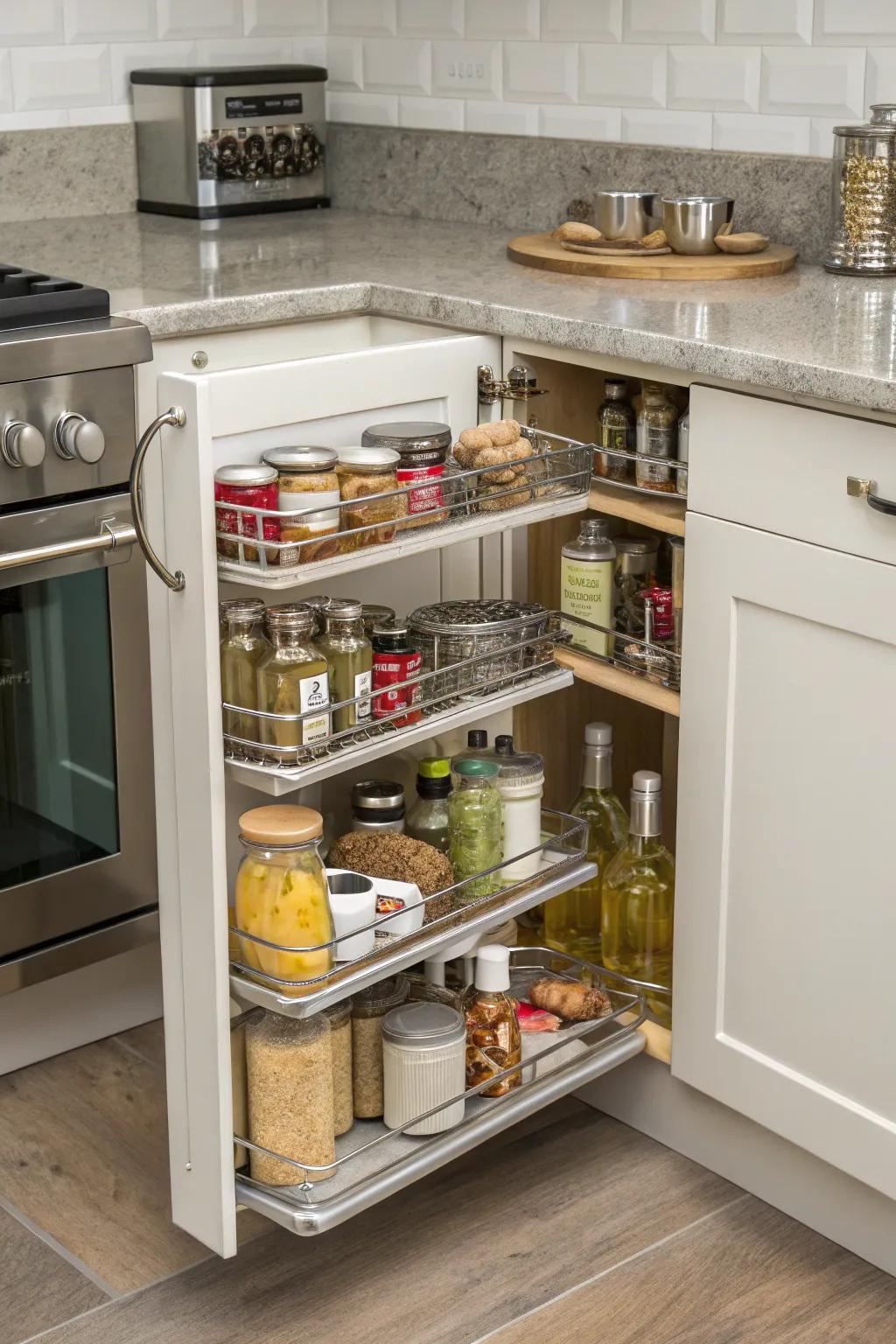 Pivoting pull-outs offer easy access to deep corner cabinets.