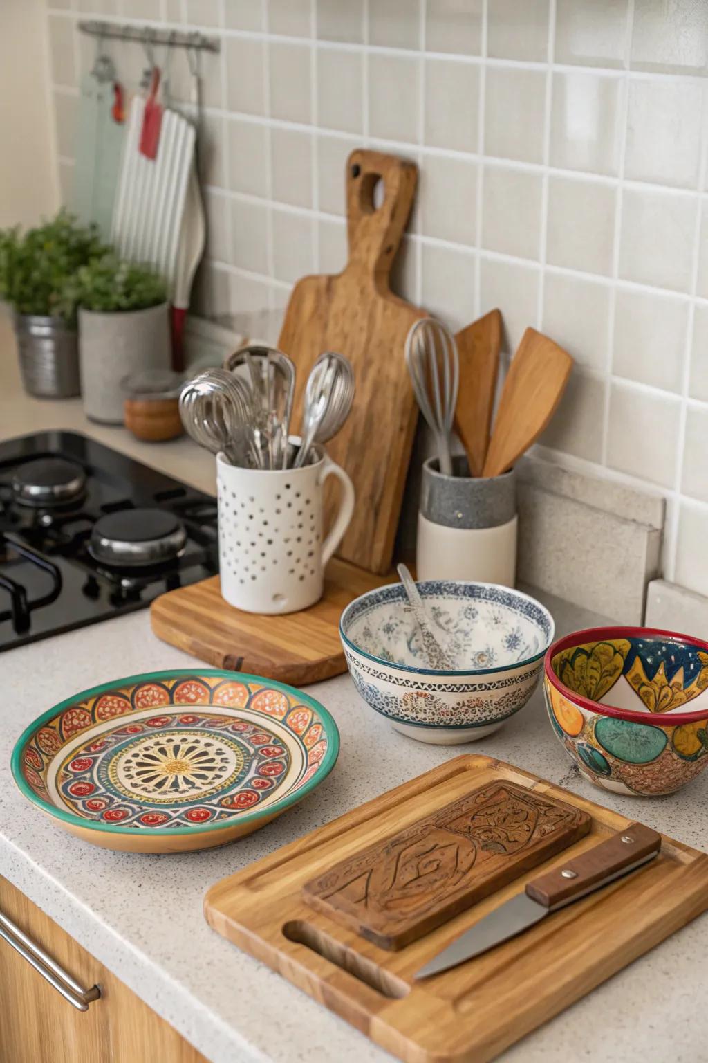 Layered textures construct dimension in the cooking area's aesthetic.
