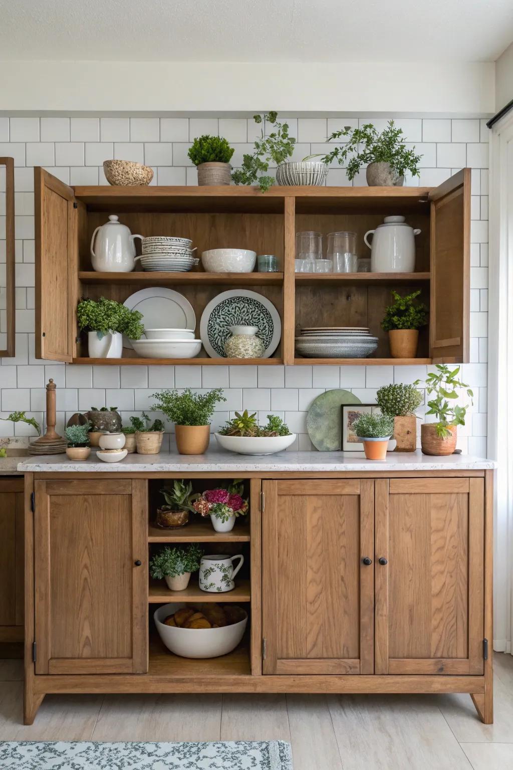 An open display sideboard adds a personal and inviting touch to the kitchen.