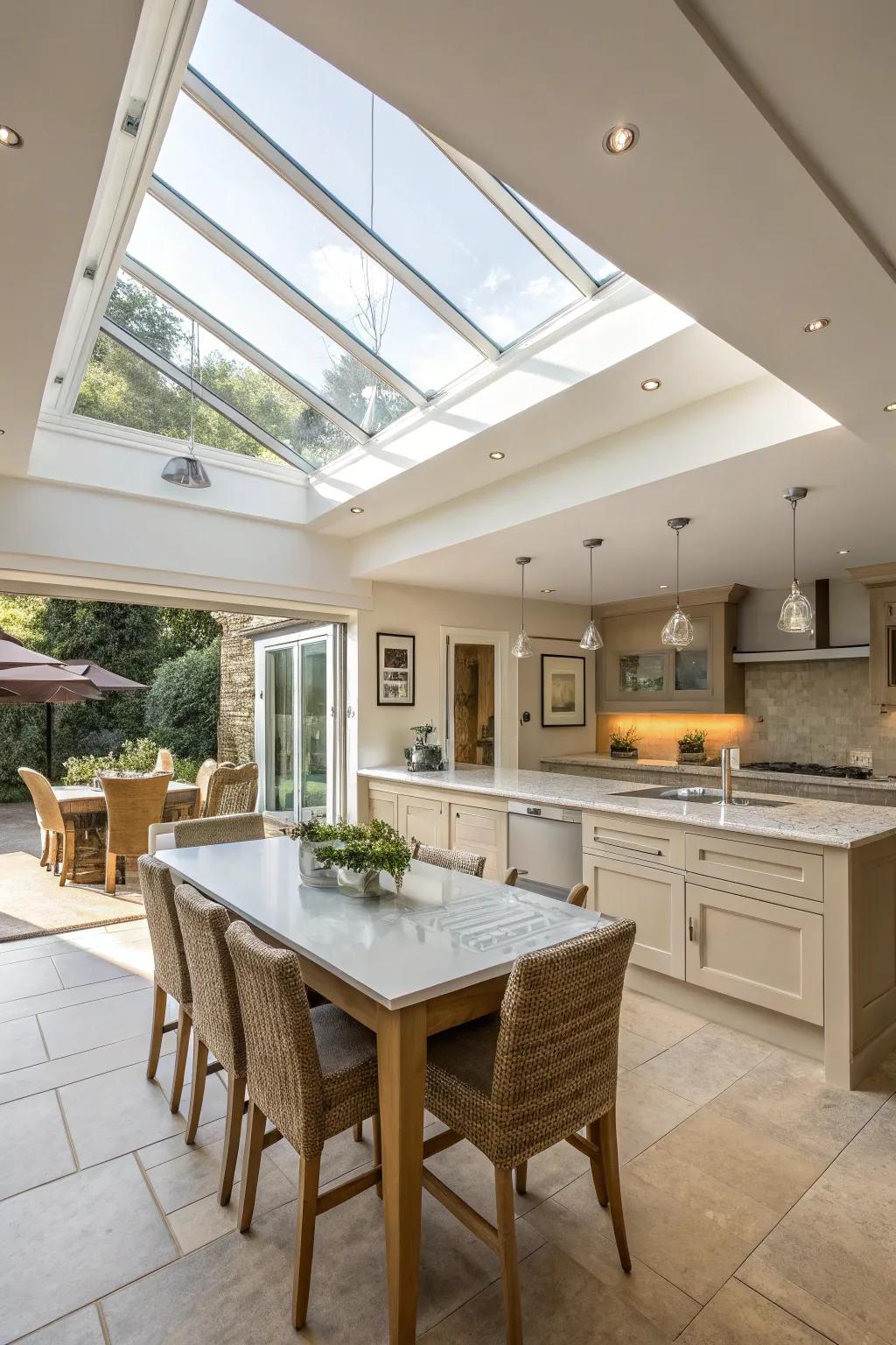 A kitchen island dining table bathed in natural light.