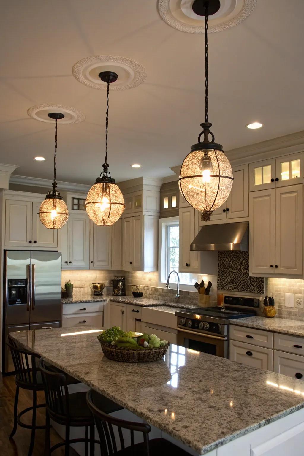 Pendant clusters introduce layering and a sense of aesthetic appeal to the cooking area.