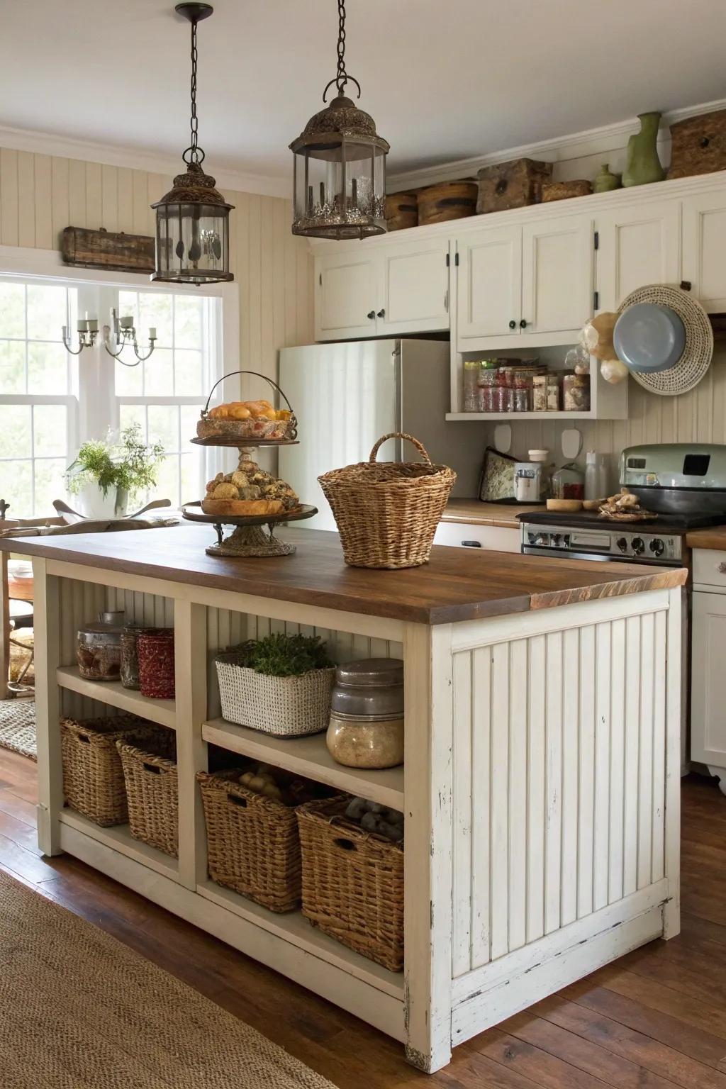 Farmhouse-inspired island with charming beadboard paneling.