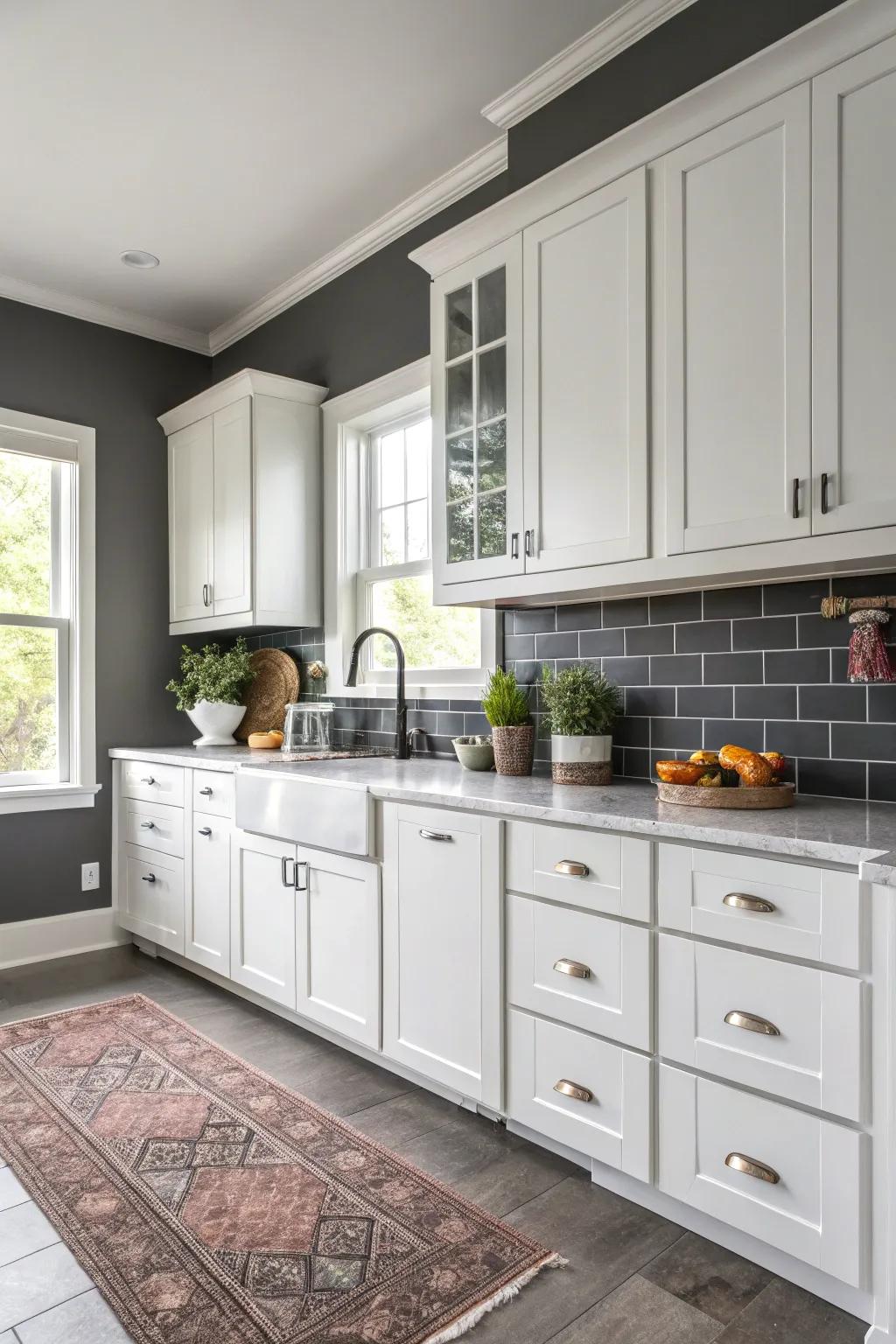 Coal walls provide a chic and modern contrast against white units.