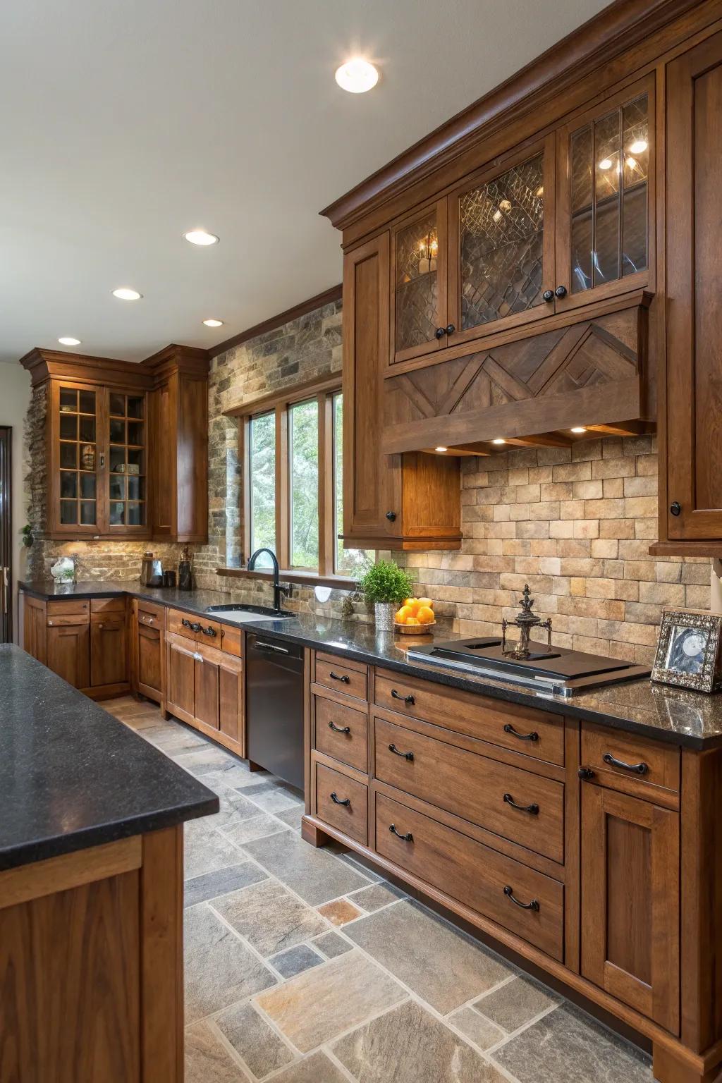 A kitchen displaying a harmonious mix of wood and stone materials.