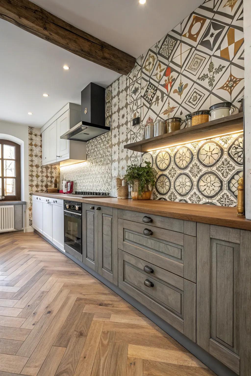 A cooking area using a combination of patterned tiles and wood floors to add personality.