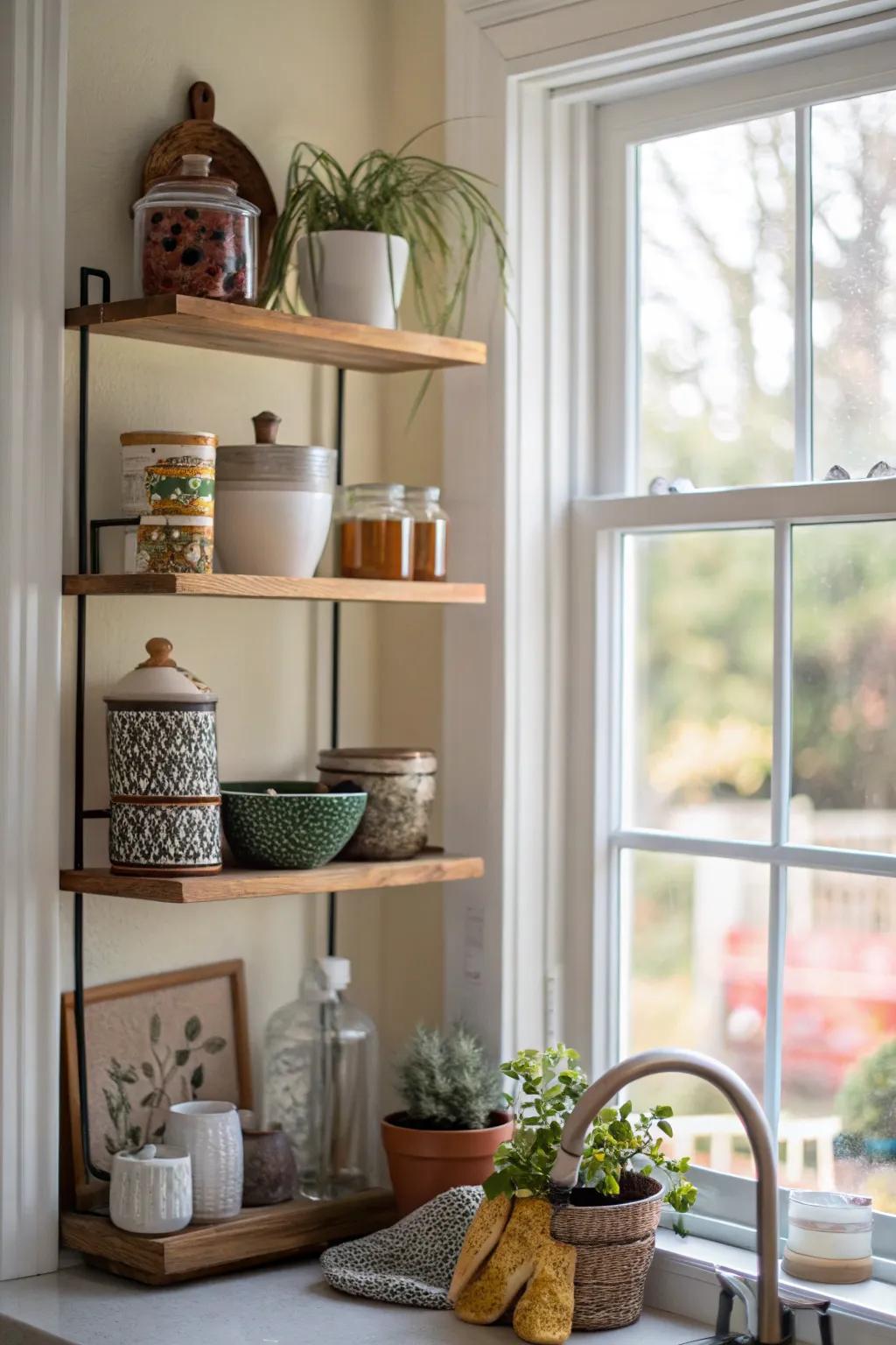 Inventive shelf placements contribute an artistic element to the kitchen atmosphere.