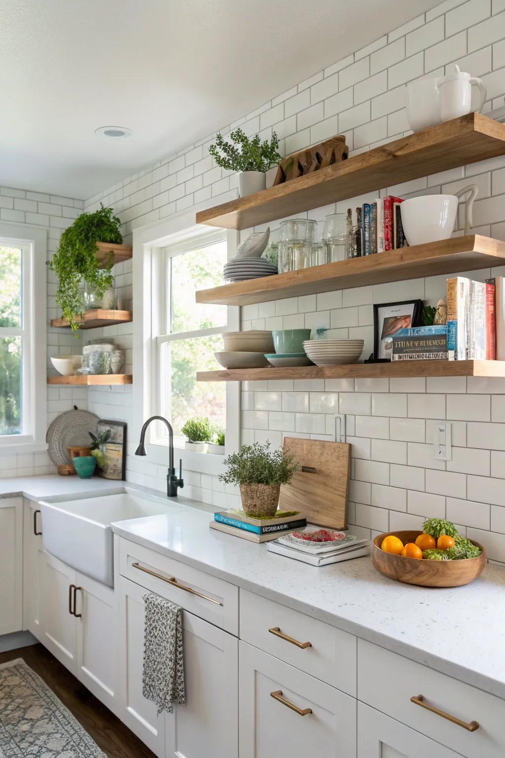 Asymmetrical shelves introduce dynamic interest and creativity.