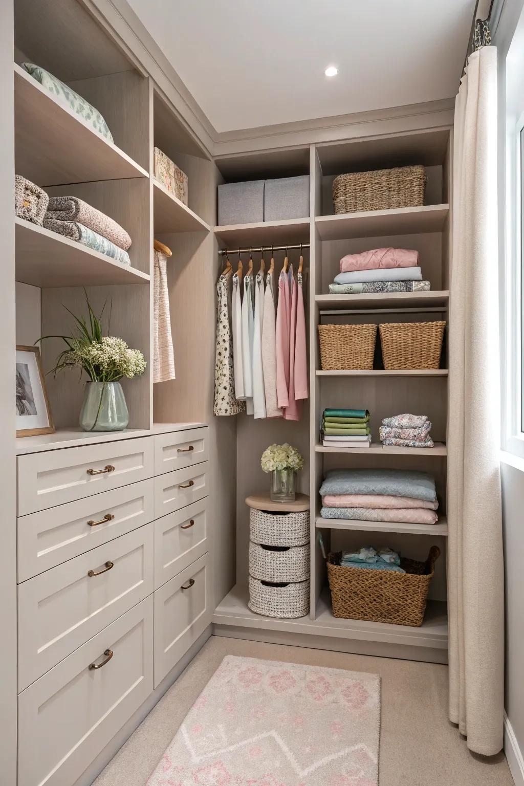 A soothing color palette enhances the peacefulness of your closet.