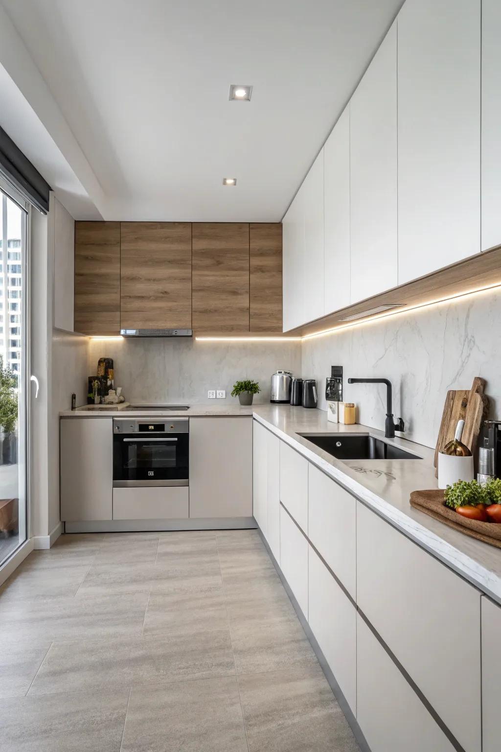 Reduced composite backsplash for contemporary, sleek aesthetics.