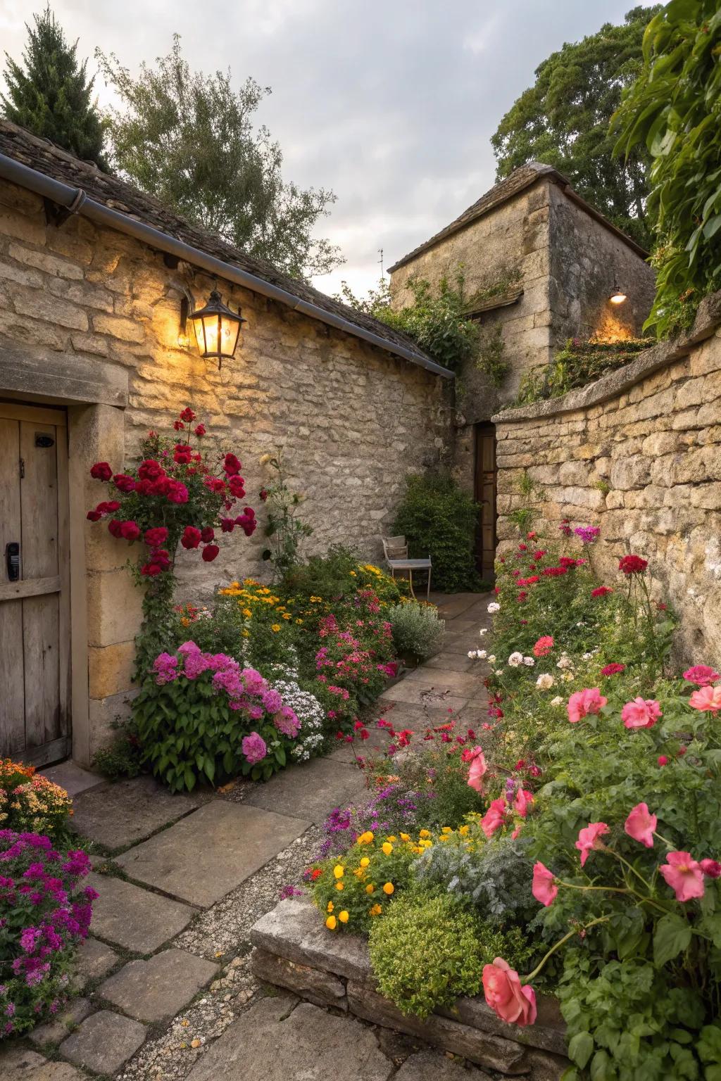 A stone barrier offers a homespun background for vibrant flowers.
