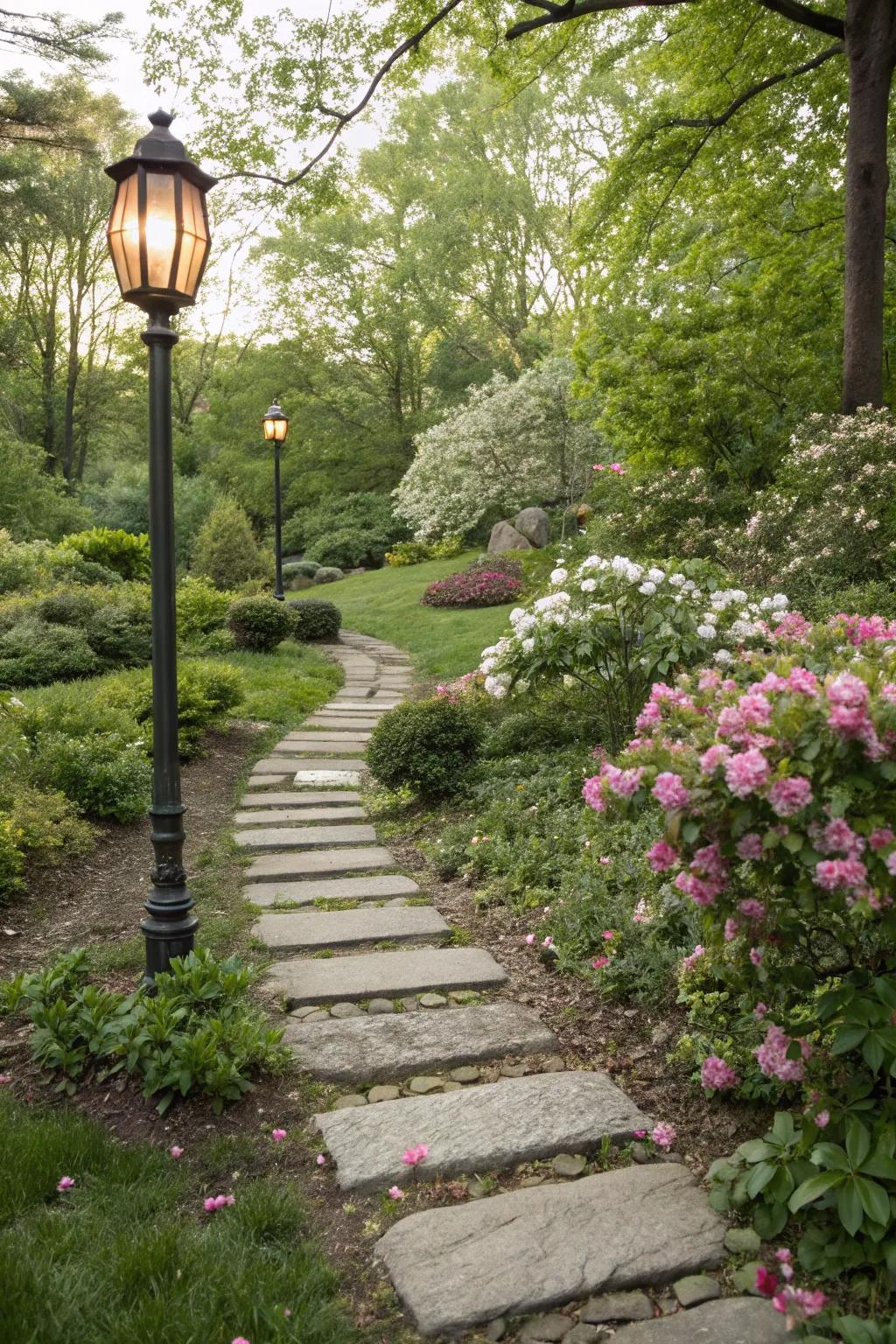 A whimsical pathway directing to a garden lamp post.