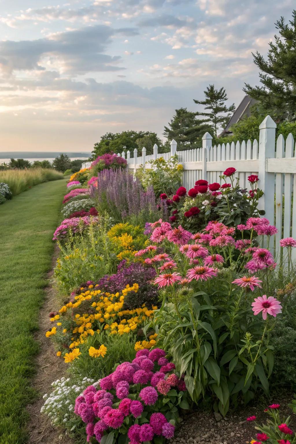 A vibrant garden border filled with blooming perennials, adding color and life.