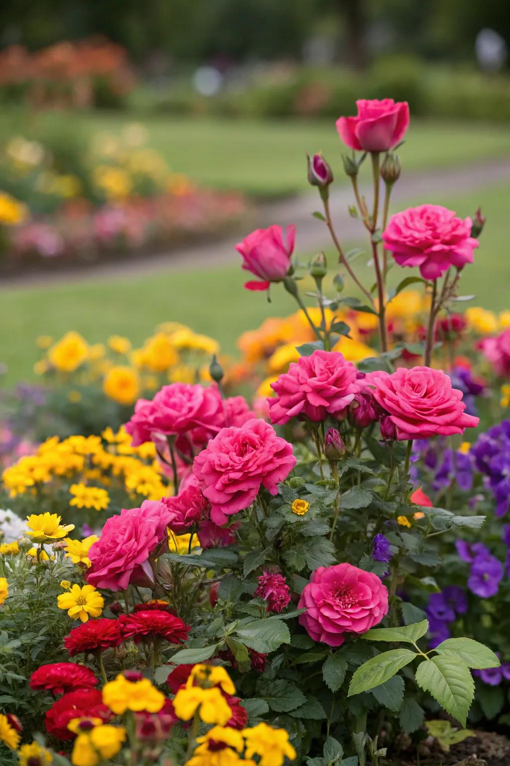 A vibrant flower bed featuring knockout roses.
