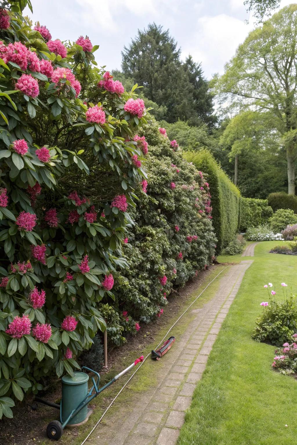 A dense rhododendron barrier providing garden seclusion.