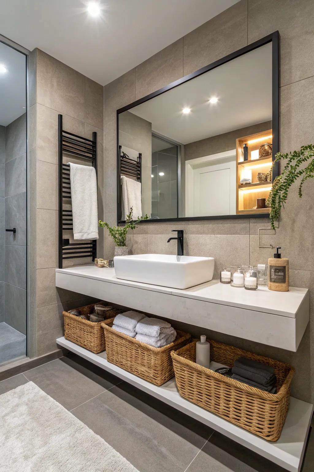 Suspended displays add both functionality and flair to your mirror arrangement.