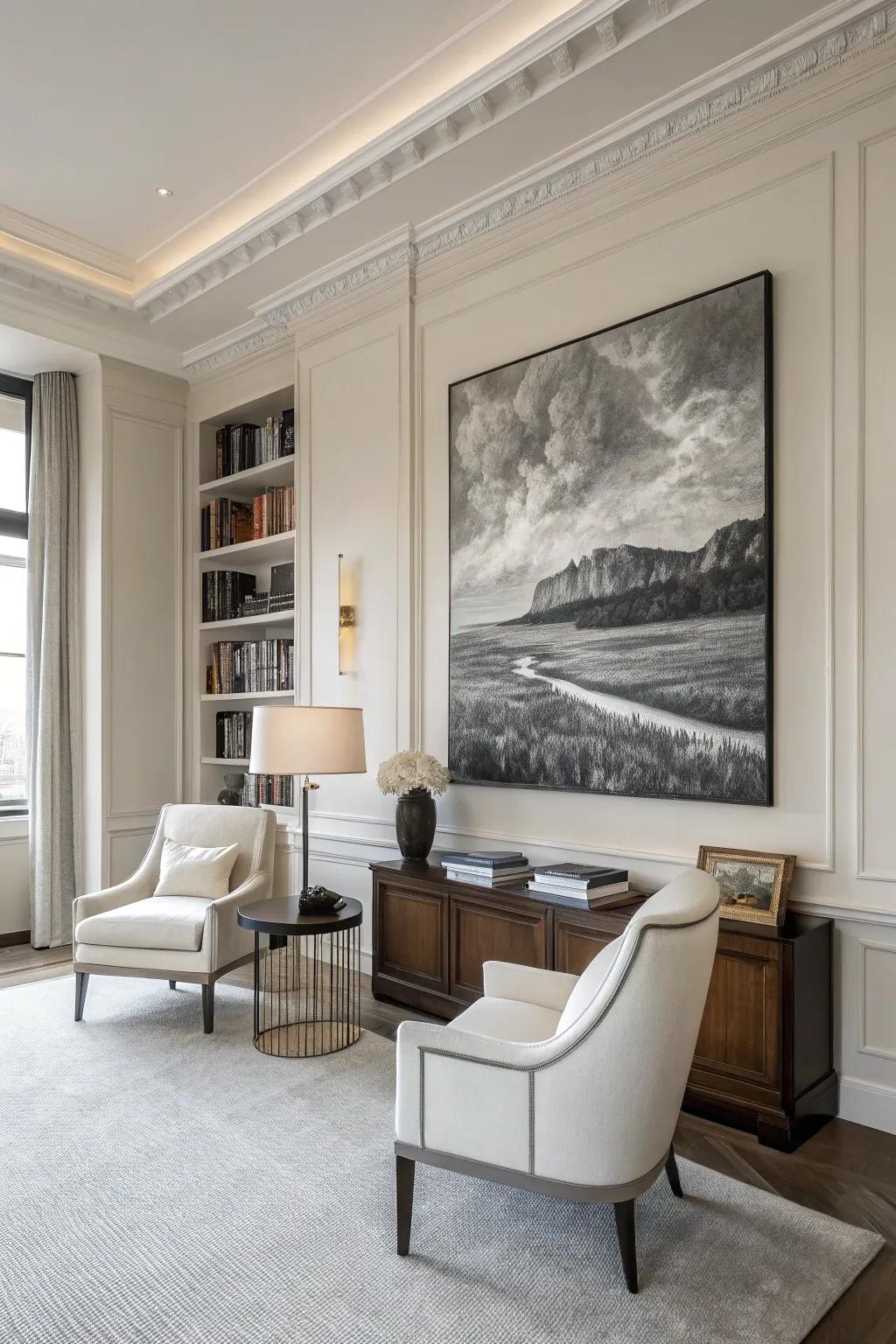 A monochrome painting exudes timeless elegance and sophistication.