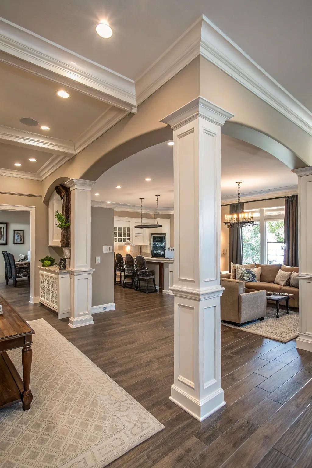 An open-plan family zone featuring ample sized crown shaping, incorporating a sensation of grandeur and harmony.