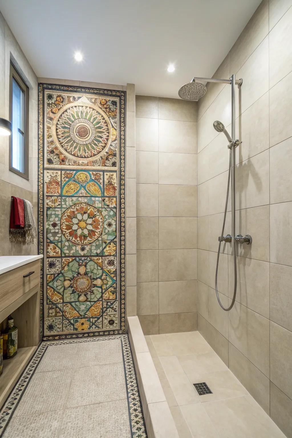 Ornamental touches inject fascination and flair into a shower featuring large coverings.