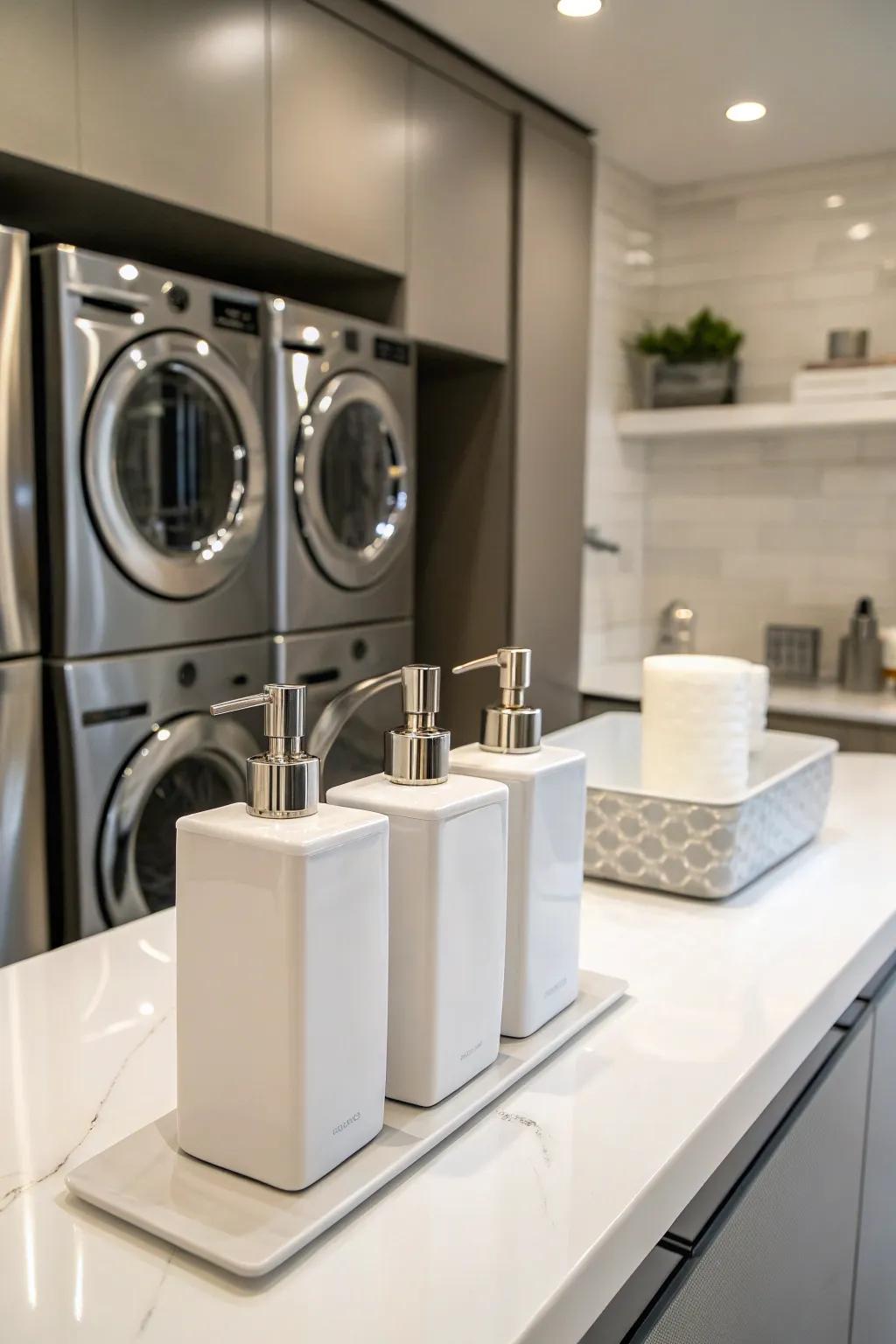 Minimalist dispensers complement modern laundry rooms.