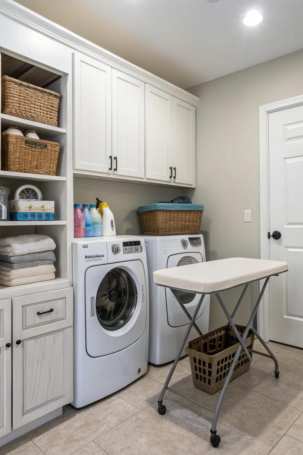 A thoughtfully stored laundry cart optimizes space and boosts efficiency.