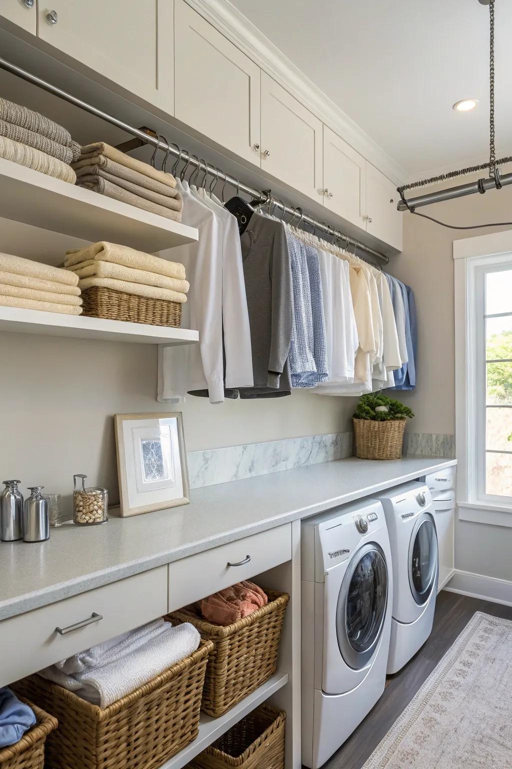 Functional hanging racks integrated with laundry room countertops.