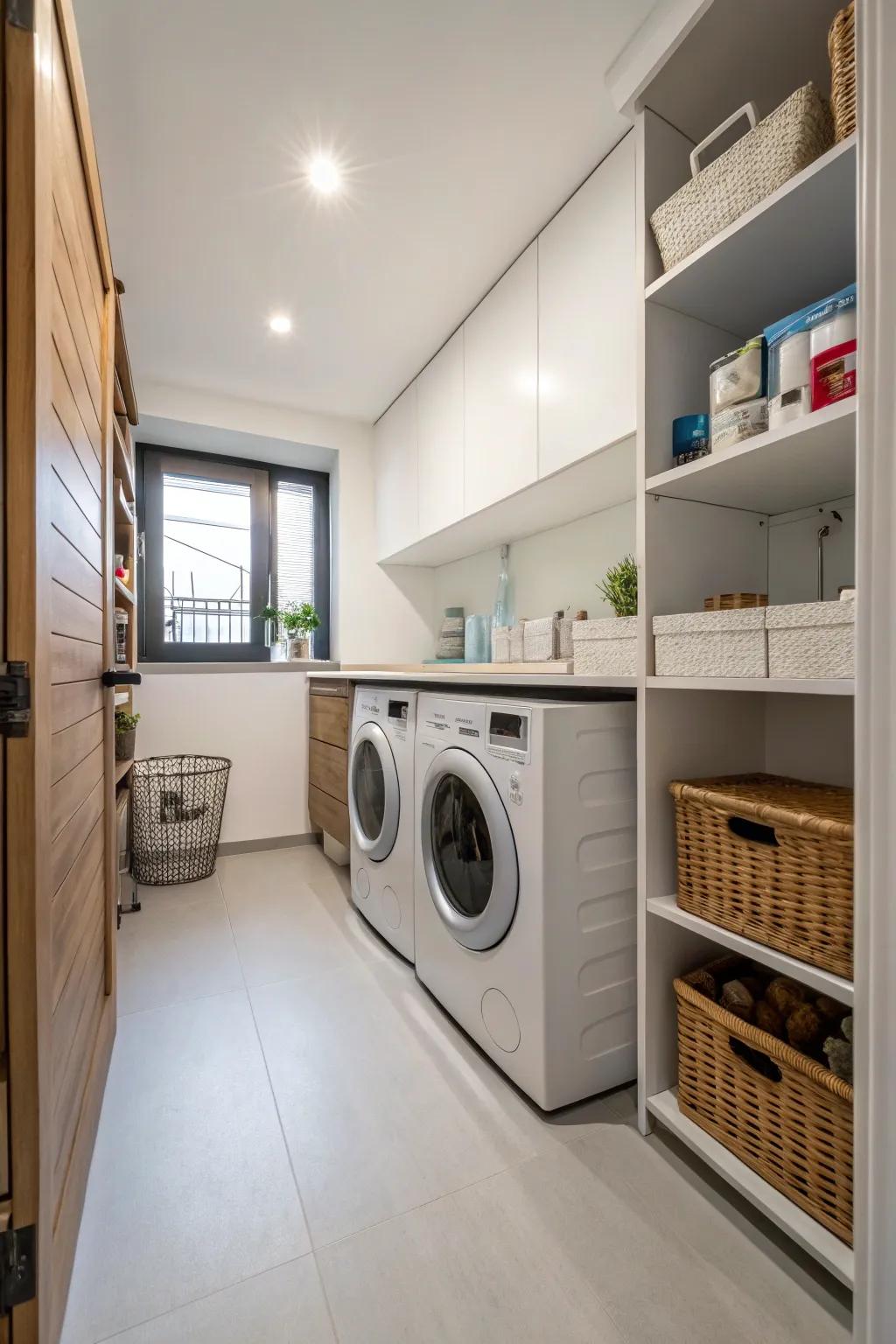A smart, small layout with matching flooring makes for an effective laundry area.