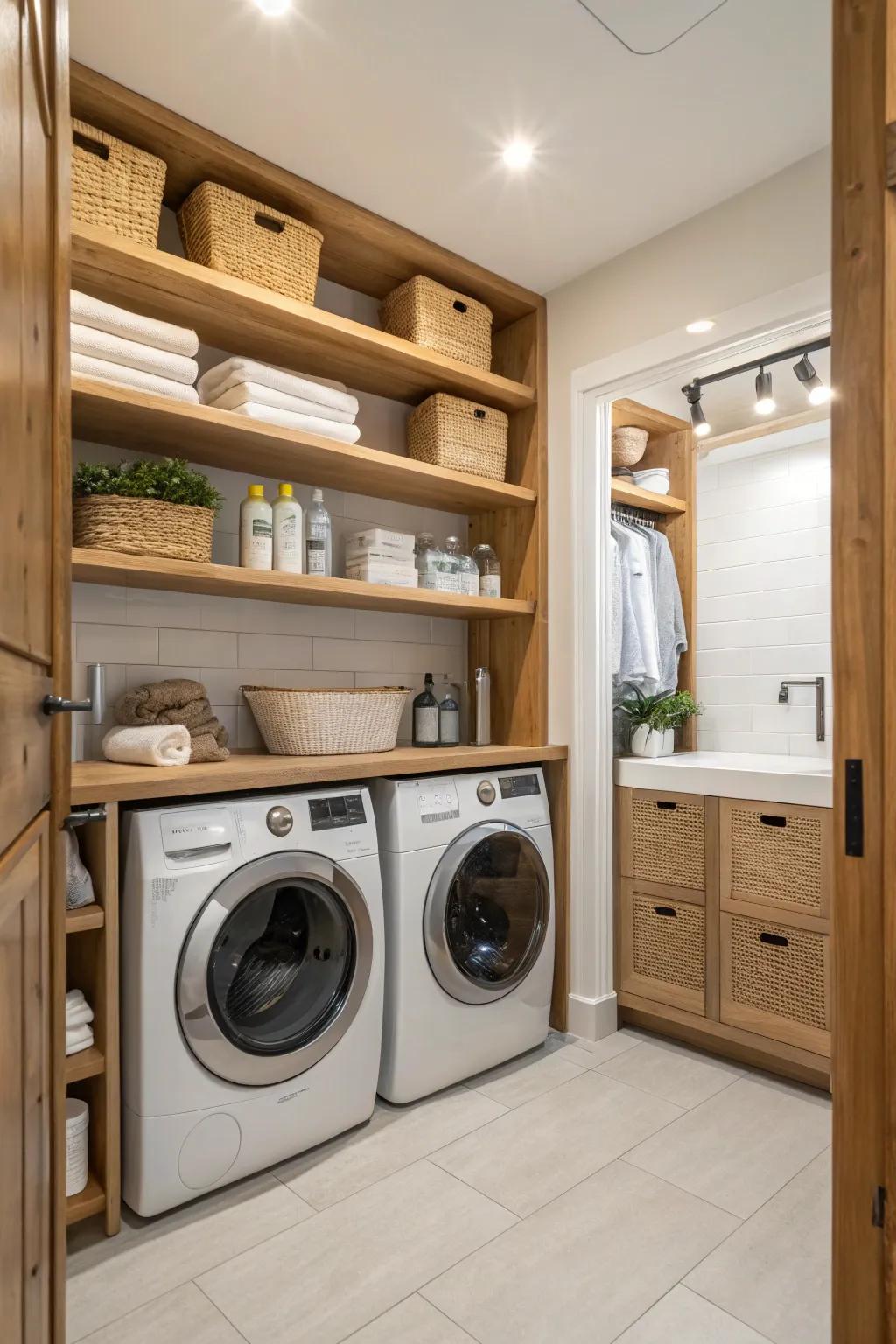 Natural wood details add warmth to this modern laundry room.