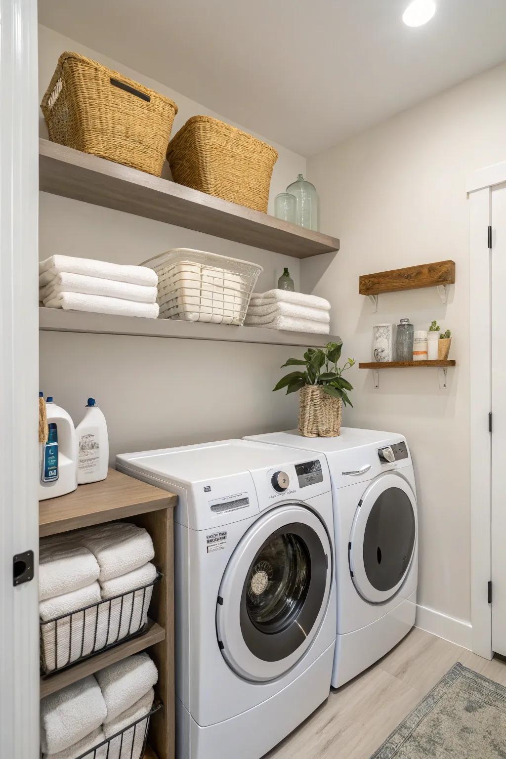 Simple shelving for a clean and open laundry room.