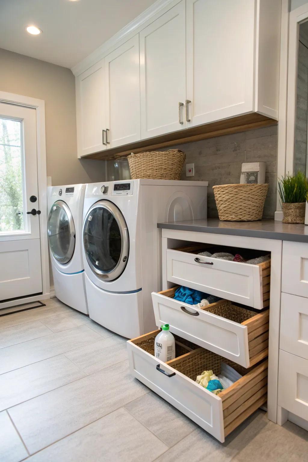 Discrete storage keeps your laundry must-haves neatly arranged.
