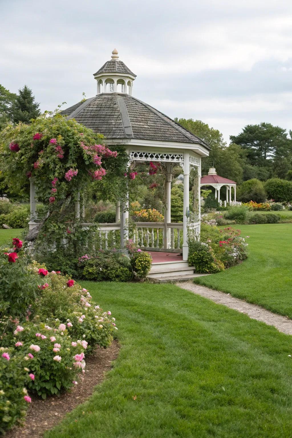 A beautiful gazebo that adds shade and style to the garden.