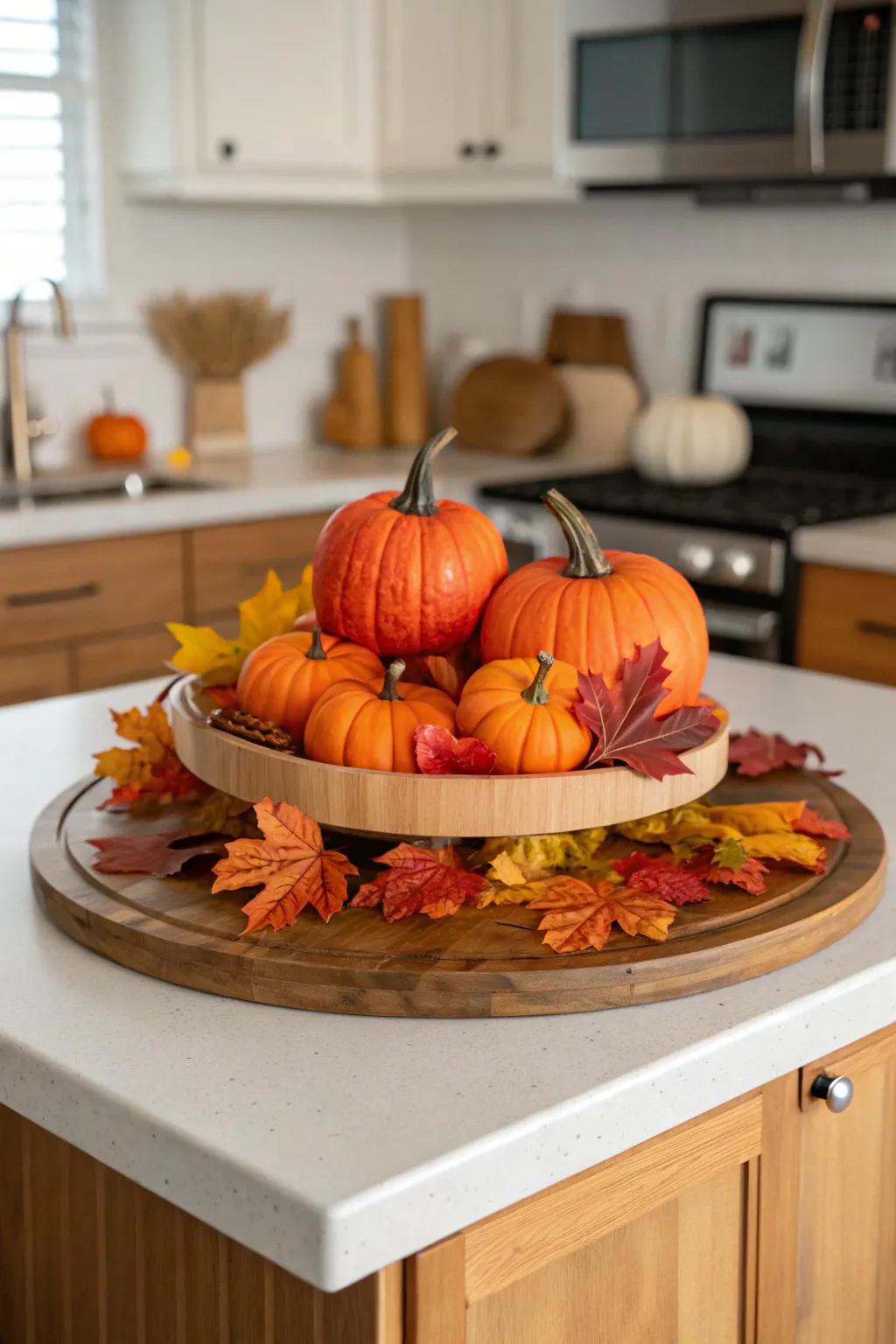 A rotating tray adorned with charming autumn-inspired accents.